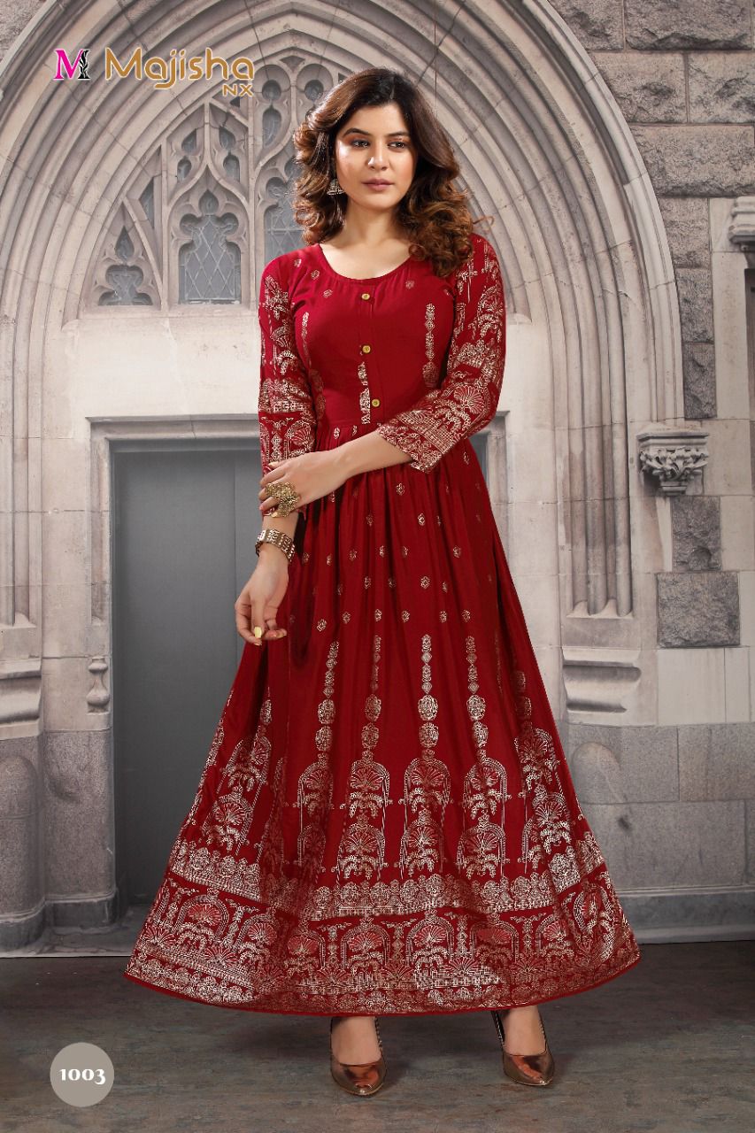 Majisha Nx Rrr 1 Heavy Festive Wear Rayon Printed Long Anarkali Kurti Collection